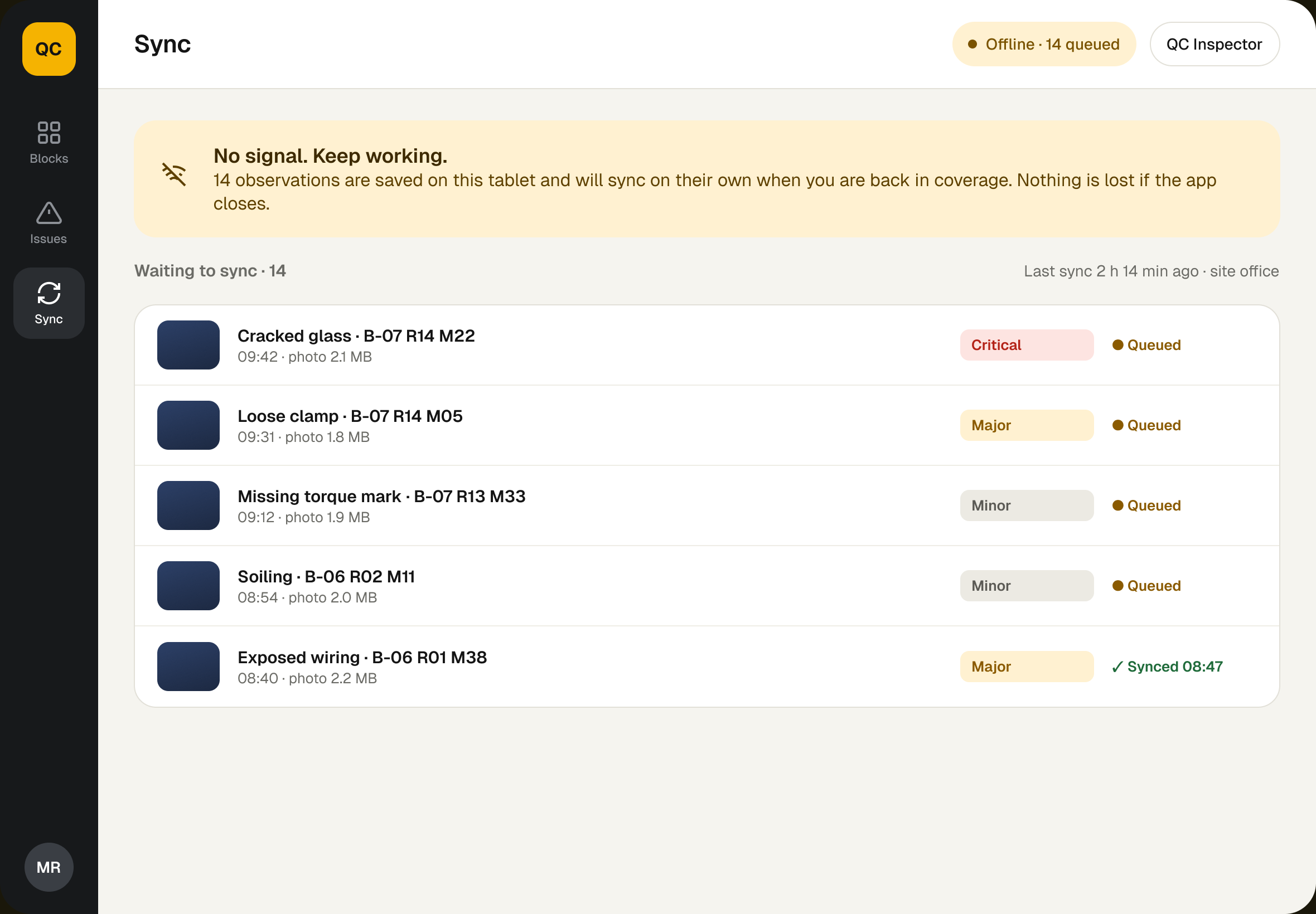 Sync screen listing observations queued offline