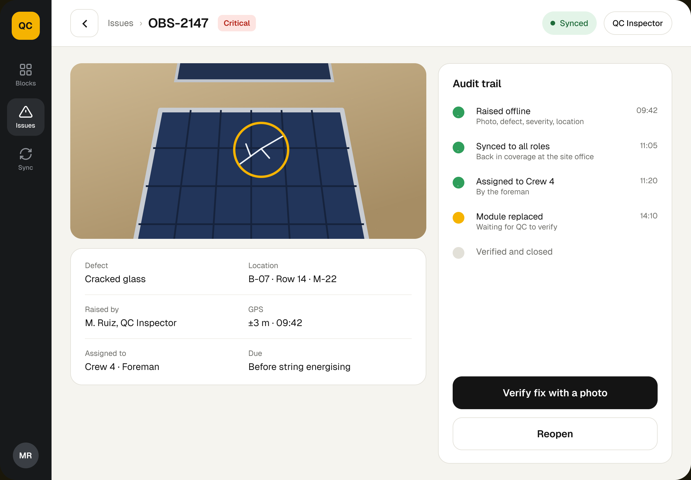 Observation audit record with fields and audit trail